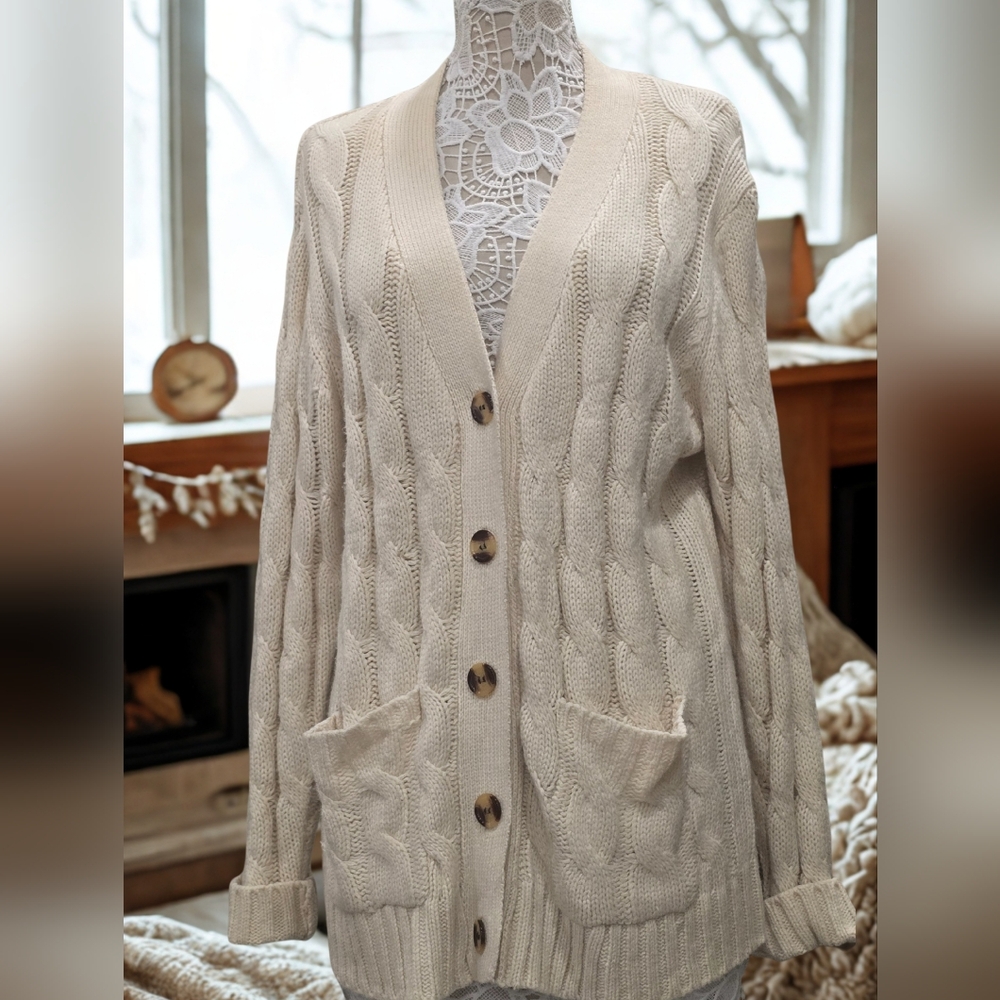 Pretty Garden Ivory Cable Knit Cardigan Sweater Sz L